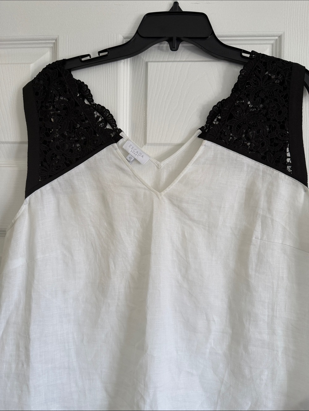 Escada White Linen Tank with Black Lace Shoulders 100% cotton